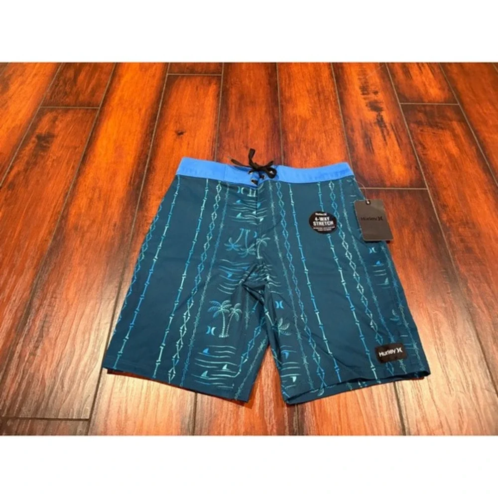 Kids Hurley Board Shorts Teal Blue 4‎ Way StretchPalm Tree Bone Print Size 10 25